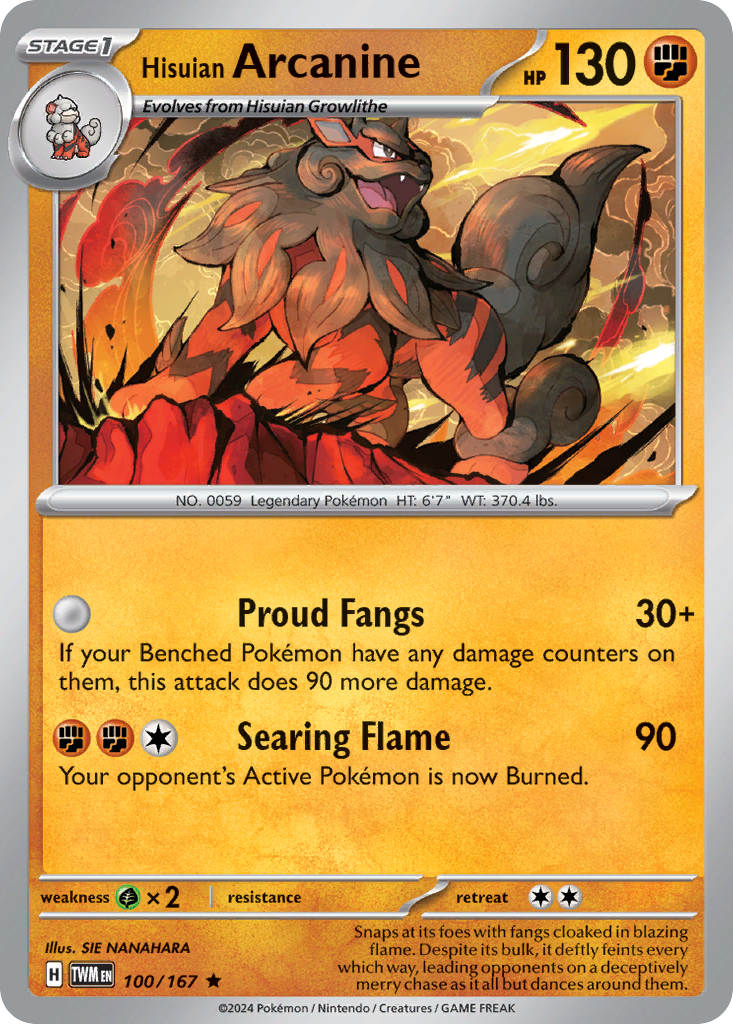 Hisuian Arcanine Pokémon-kaart met statistieken en vaardigheden.