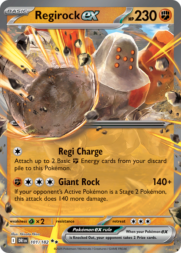 Regirock ex Pokémon kaart met gevechtsinformatie.