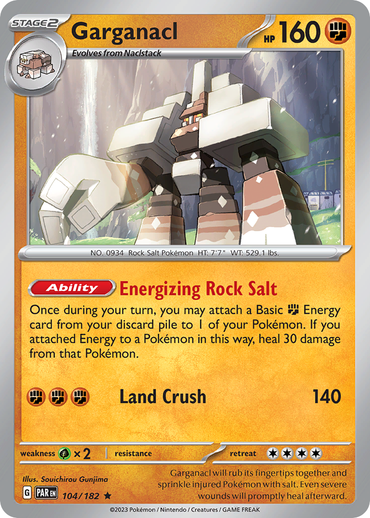 Garganacl Pokémon kaart met energieke rotszout vaardigheid.