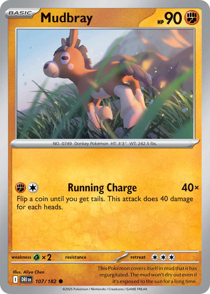 Mudbray Pokémon kaart, illustratie en statistieken