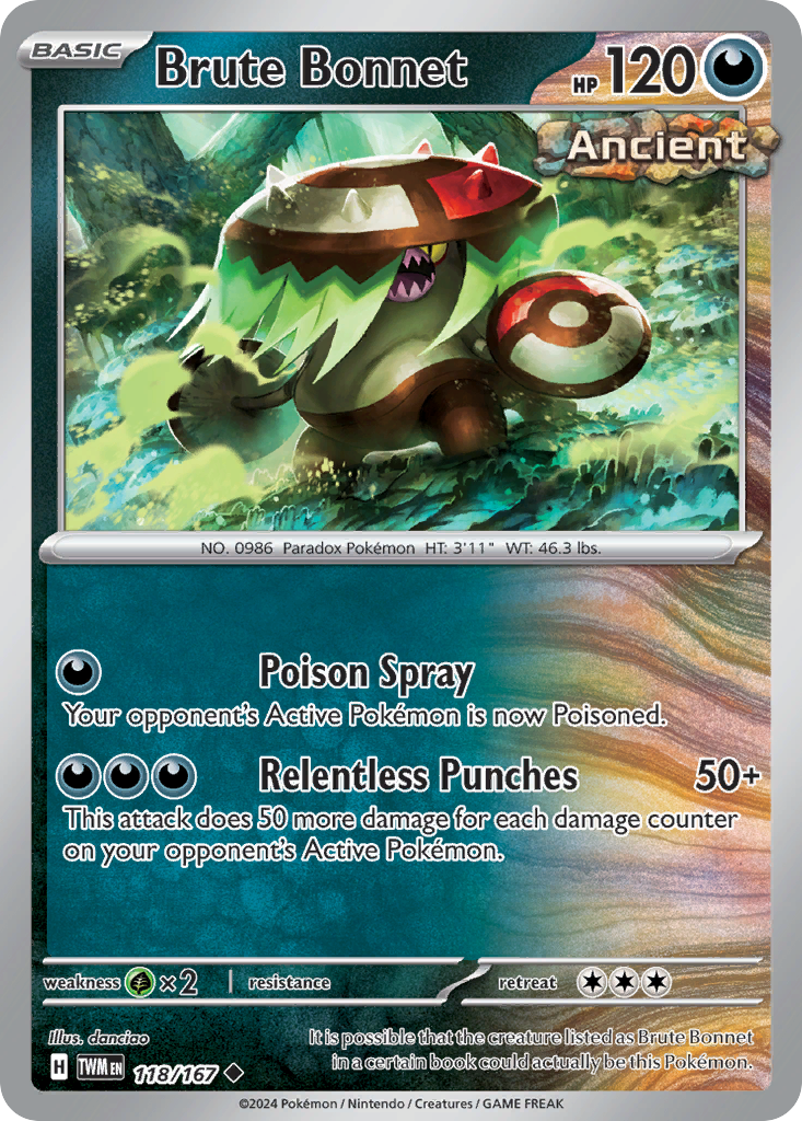 Brute Bonnet Pokémon kaart met aanvallen en eigenschappen.