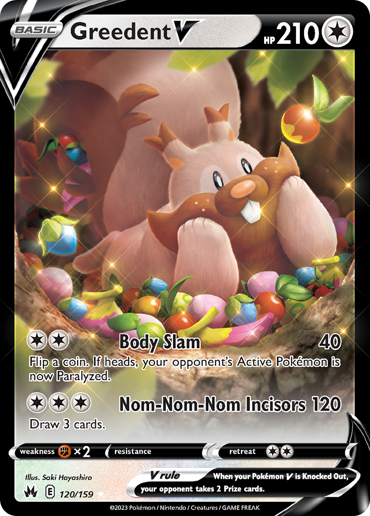 Greedent V Pokémon-kaart met 210 HP.