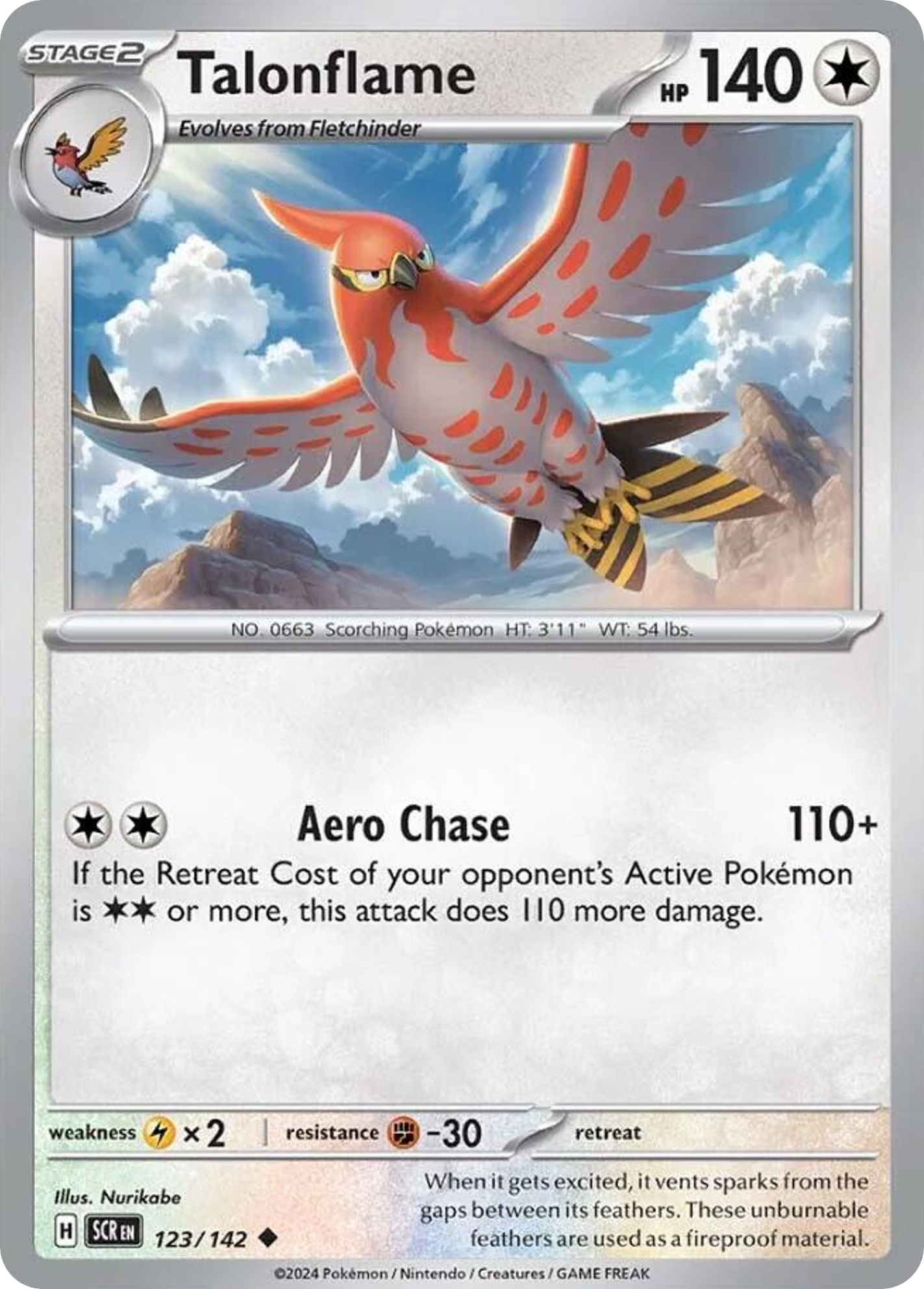 Talonflame Pokémon-kaart met krachtige aanval Aero Chase.