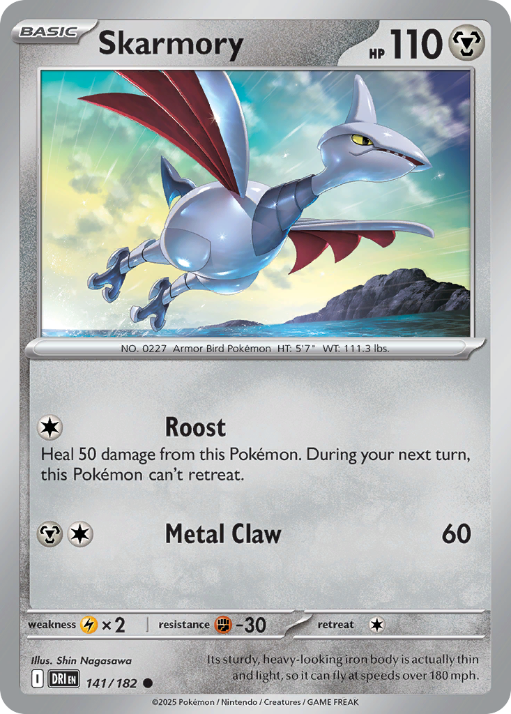 Skarmory Pokémon kaart met statistieken en bewegingen.