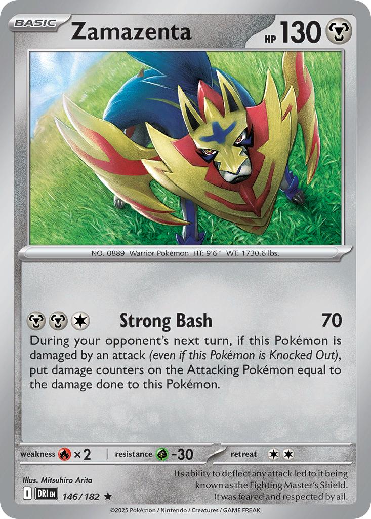 Zamazenta Pokémon kaart met sterke aanval.