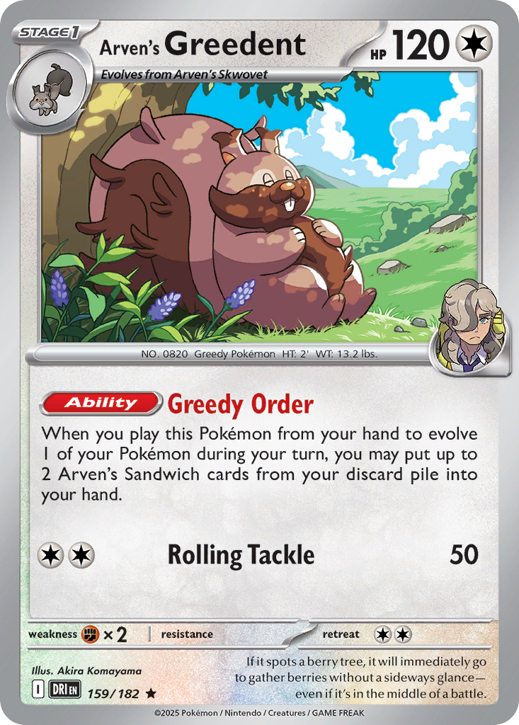 Arven's Greedent Pokémon-kaart, bosachtergrond, 120 HP.