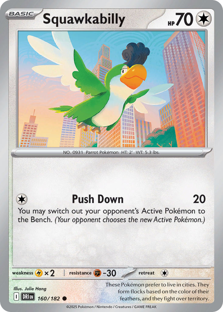 Squawkabilly Pokémon kaart met stadsachtergrond.