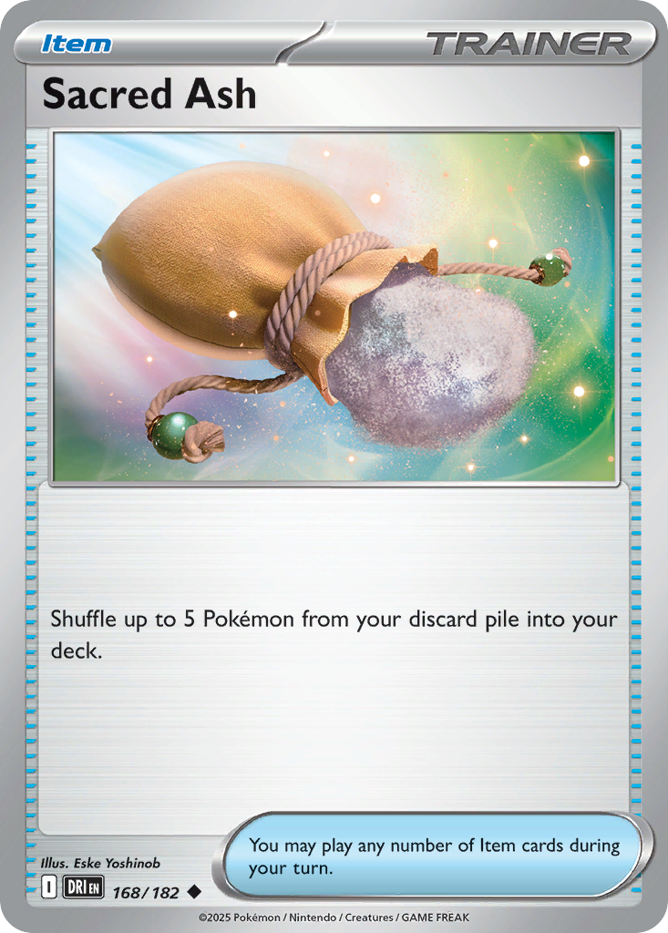 Sacred Ash Pokémon-kaart met eigenschappen en illustratie.