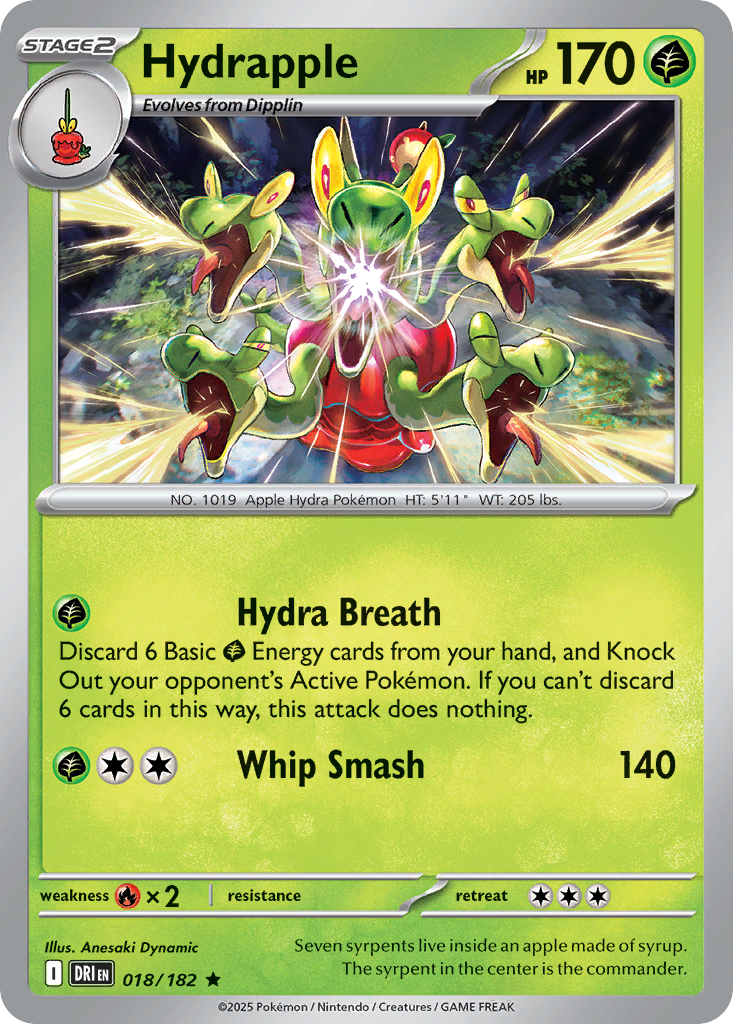 Hydrapple Pokémon-kaart met vaardigheden en kenmerken.
