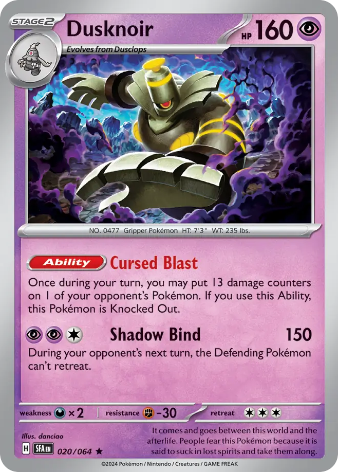 Dusknoir Pokémon kaart met vaardigheden en statistieken.