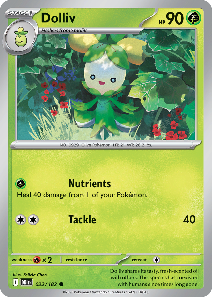 Dolliv Pokémon kaart met groene achtergrond en planten