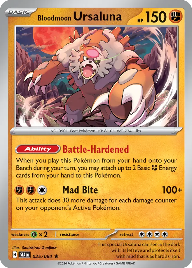 Bloodmoon Ursaluna Pokémon-kaart met sterke aanval.