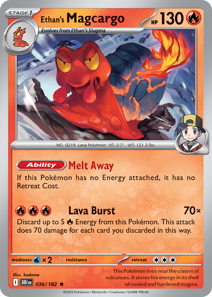 Pokémon kaart Magcargo, met vuur type en vaardigheden.