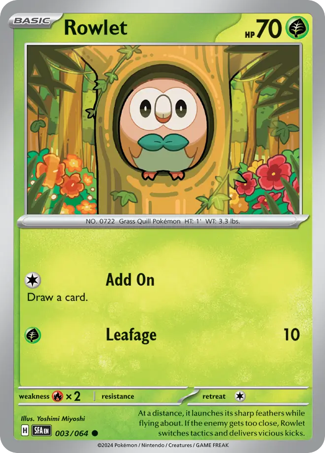 Pokémon kaart van Rowlet in een boom