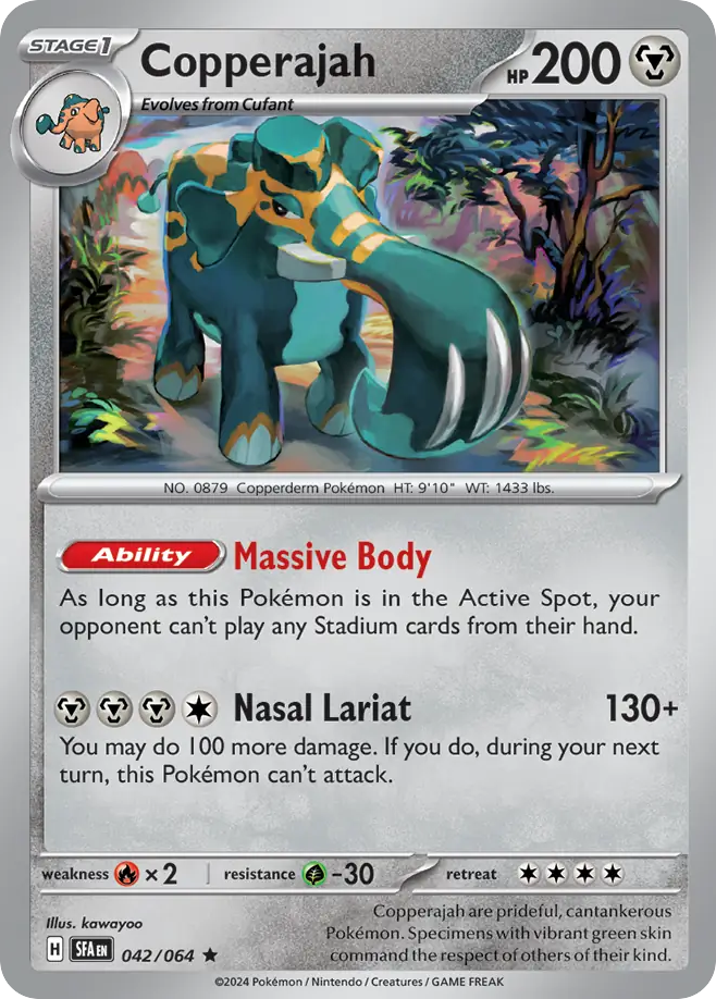 Copperajah Pokémon kaart met aanvallen en statistieken.