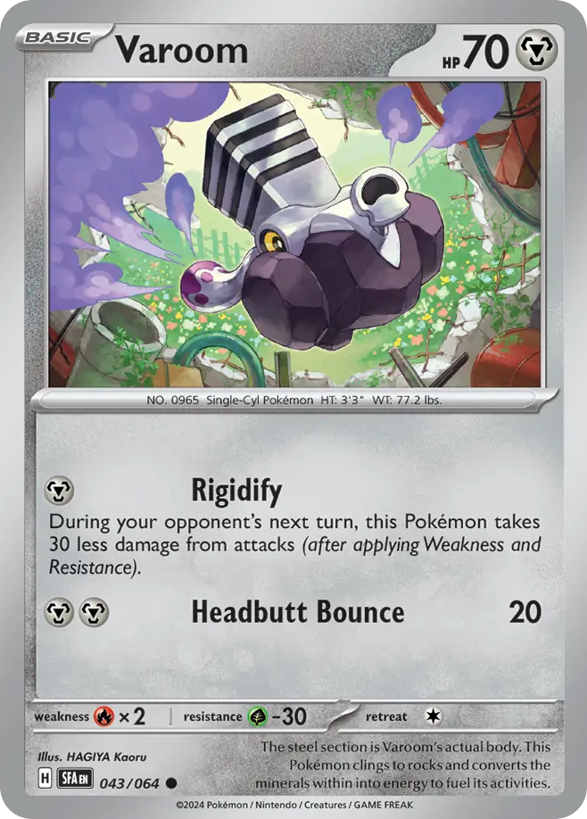 Varoom Pokémon-kaart met aanvallen en statistieken.