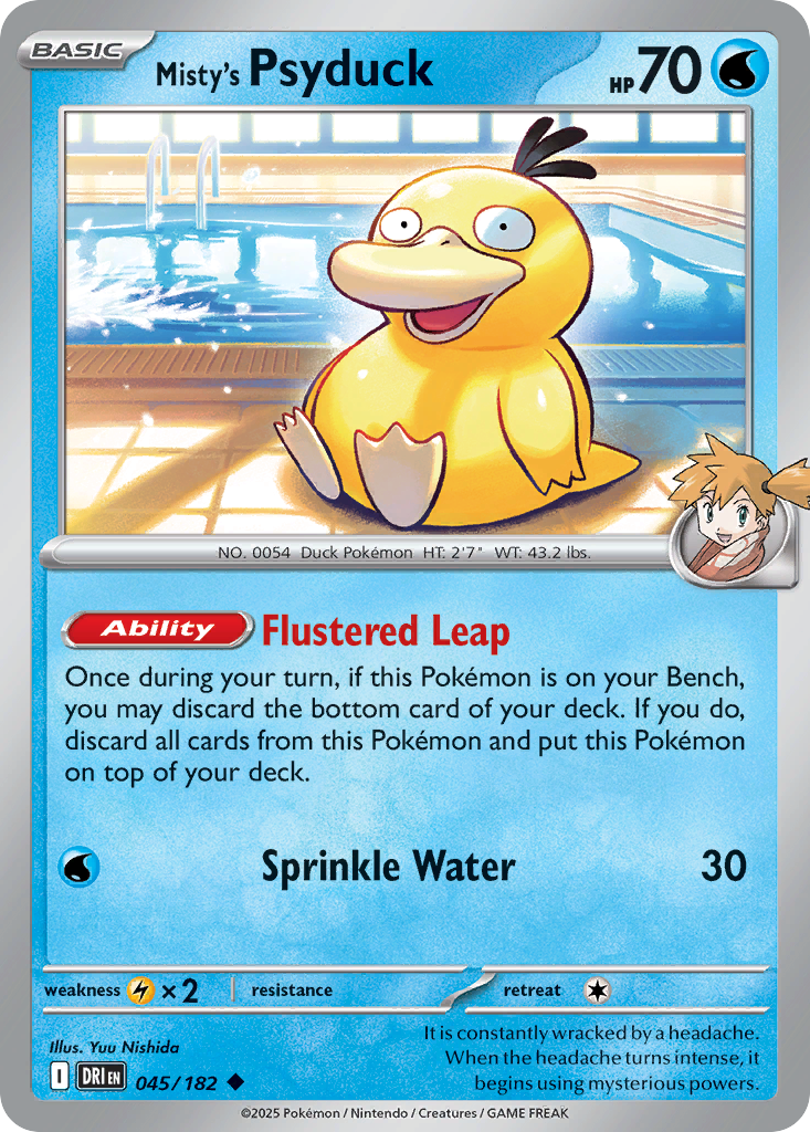Pokémonkaart Misty's Psyduck bij zwembad.