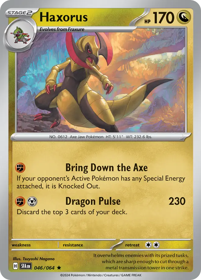 Haxorus Pokémon-kaart met vaardigheden en beschrijving.