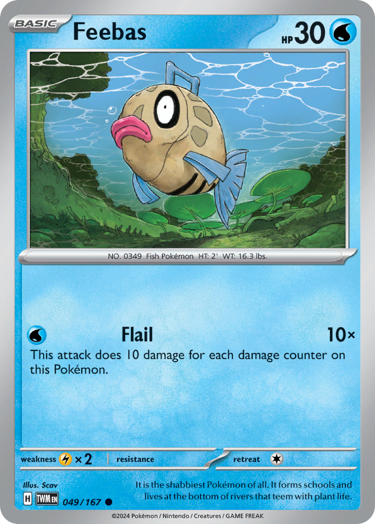 Feebas Pokémon kaart met Flail aanval.
