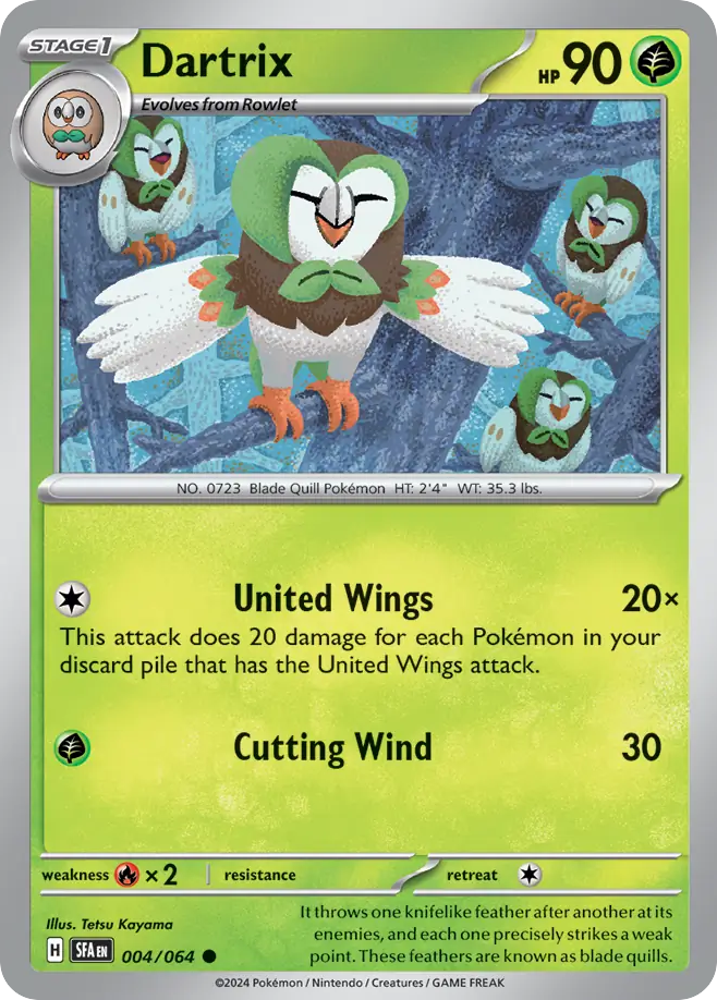 Dartrix Pokémon kaart met veren aanval beschrijving.