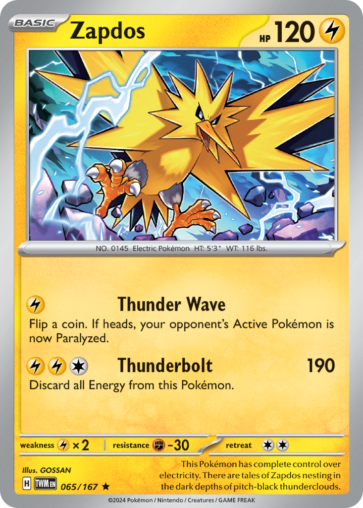 Zapdos Pokémon kaart met vaardigheden en statistieken.