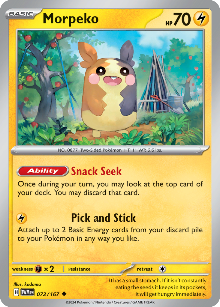 Pokémonkaart van Morpeko met vaardigheden en eigenschappen.