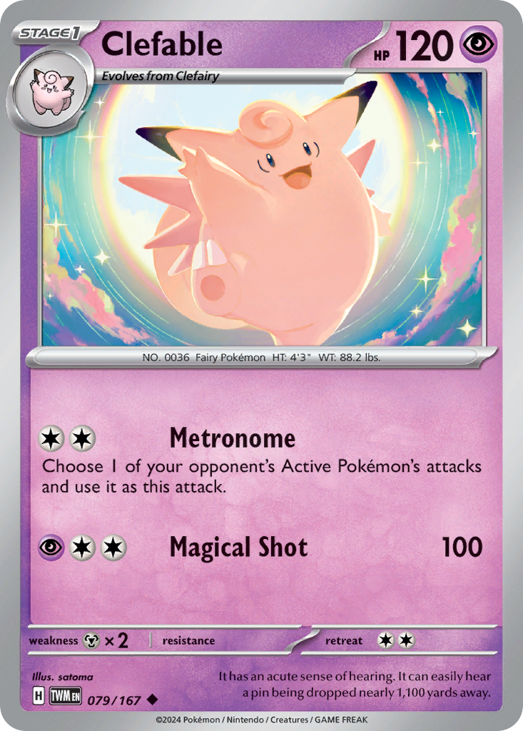 Clefable Pokémon-kaart, metronoom en magische schot aanvallen.
