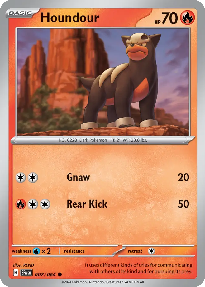 Houndour Pokémon kaart met gevechtsstatistieken.