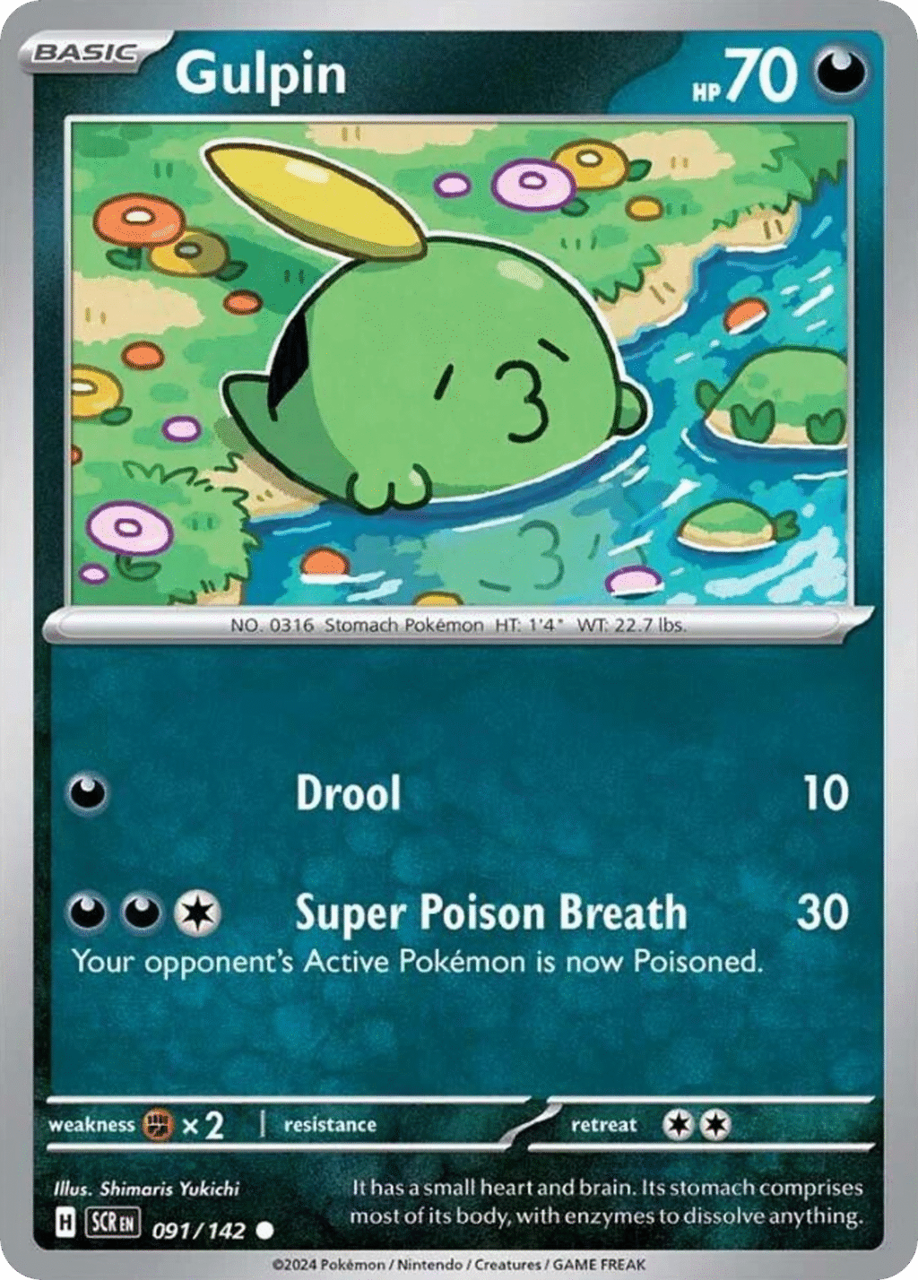 Gulpin Pokémon-kaart met stroom en bloemen
