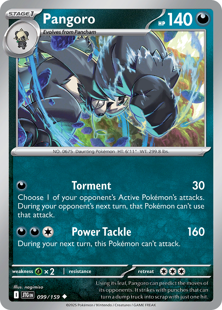 Pangoro Pokémon-kaart met aanvallen en statistieken.